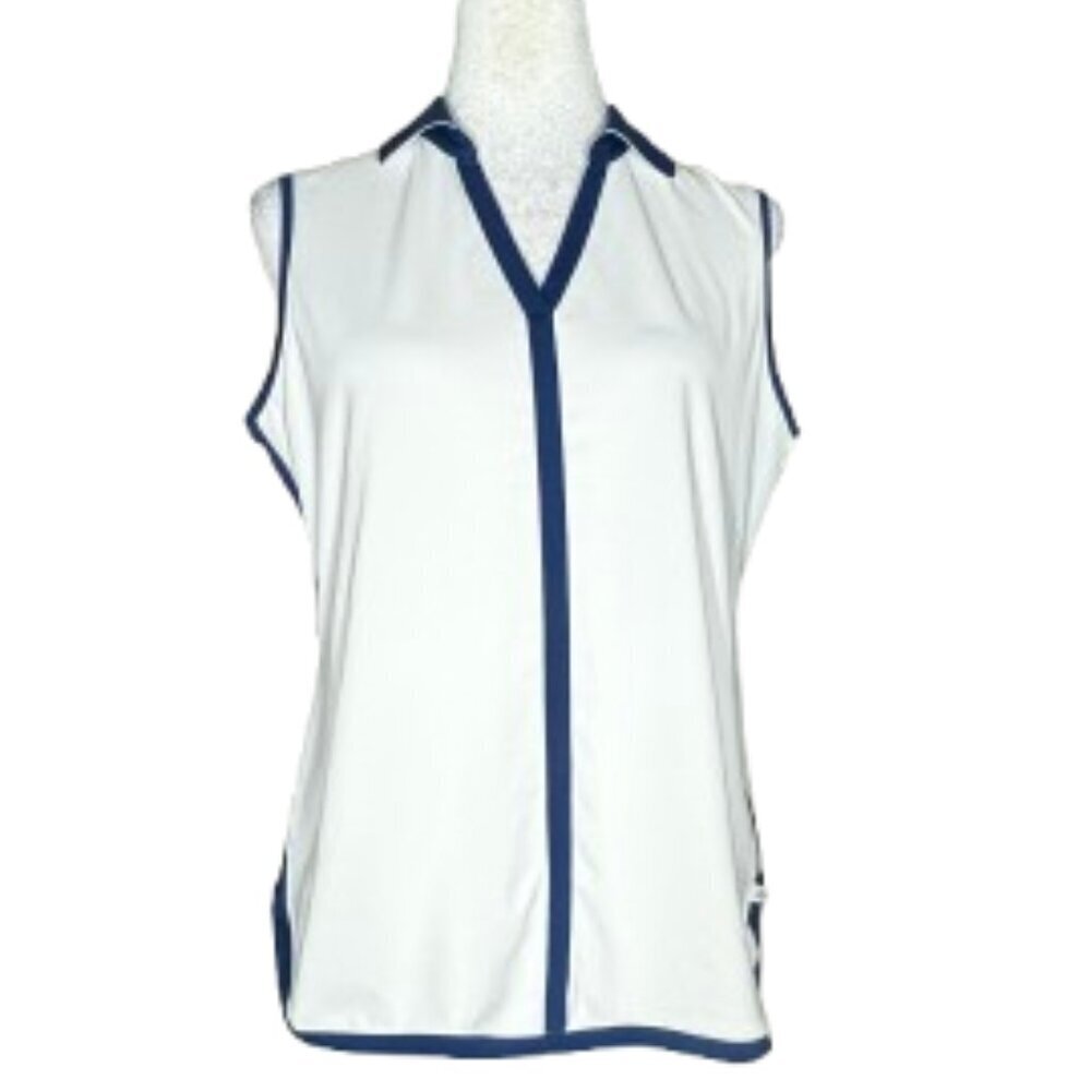 Lady Hagen Women's Blue White Sleeveless Golf Polo Collared V-Neck Top Medium